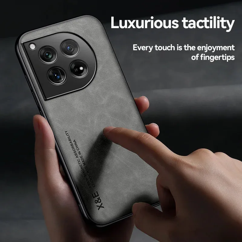 Elegant Leather Phone Case for OnePlus 12 12R Protective Shockproof Cover with Built-in Magnetic Car Holder
