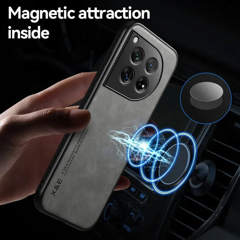 Elegant Leather Phone Case for OnePlus 12 12R Protective Shockproof Cover with Built-in Magnetic Car Holder