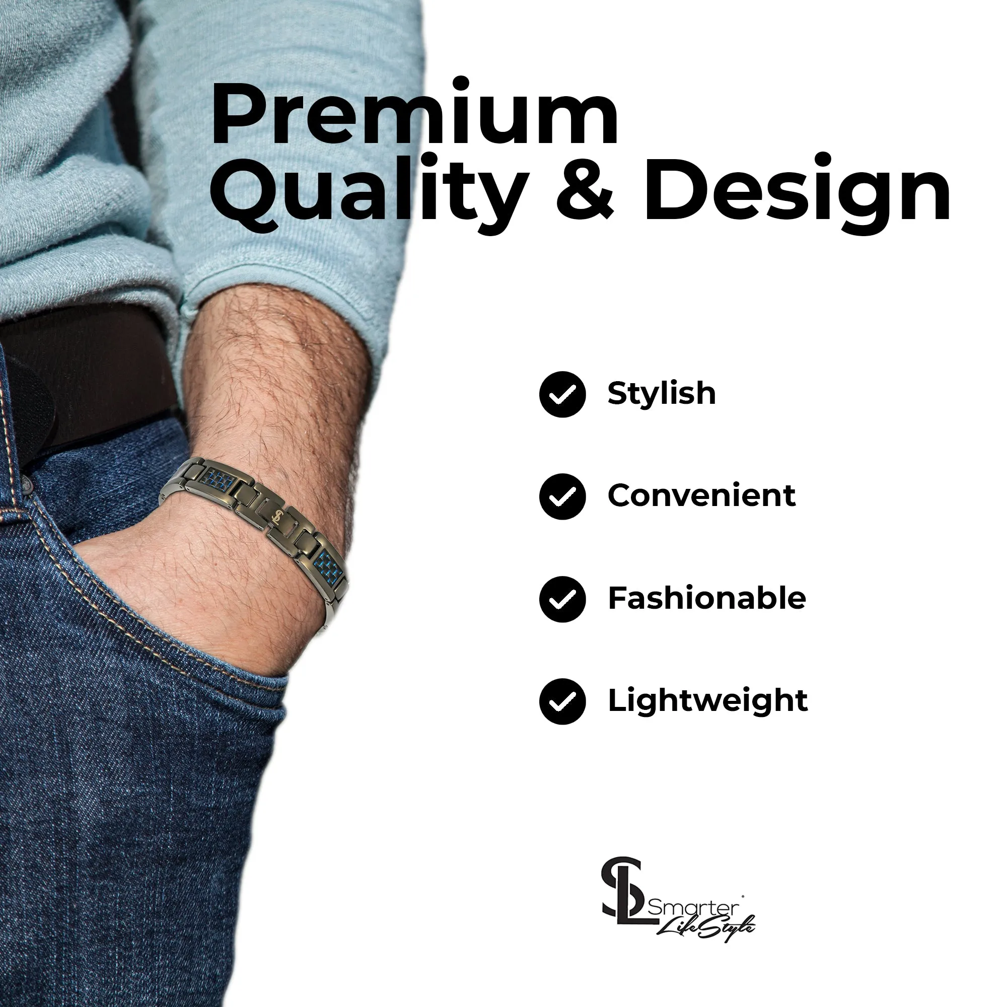 Elegant Surgical Grade Steel Men's Carbon Fiber Bracelet (Gunmetal Bracelet - Blue Carbon Fiber)