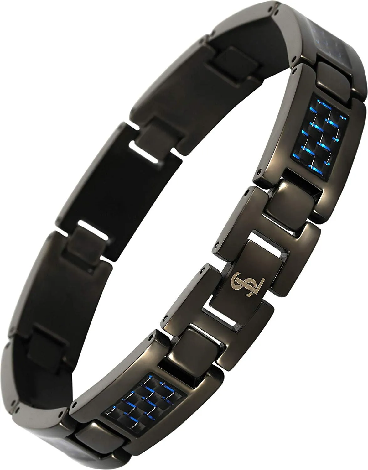 Elegant Surgical Grade Steel Men's Carbon Fiber Bracelet (Gunmetal Bracelet - Blue Carbon Fiber)