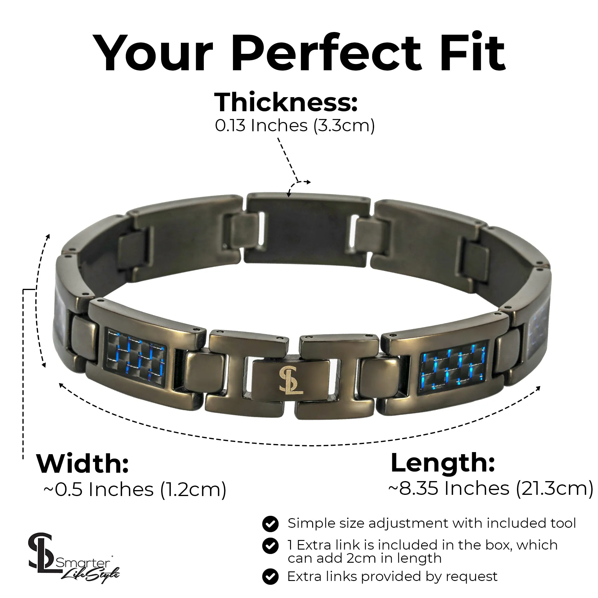 Elegant Surgical Grade Steel Men's Carbon Fiber Bracelet (Gunmetal Bracelet - Blue Carbon Fiber)
