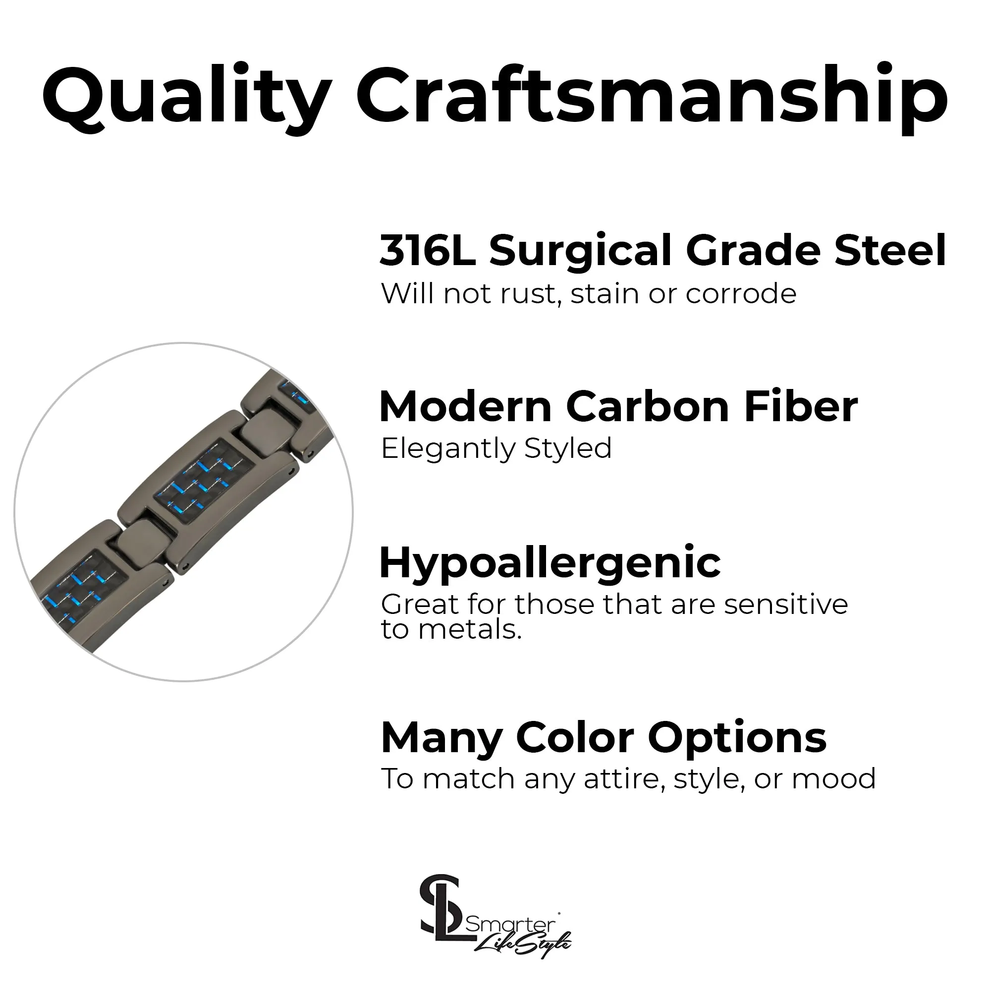 Elegant Surgical Grade Steel Men's Carbon Fiber Bracelet (Gunmetal Bracelet - Blue Carbon Fiber)