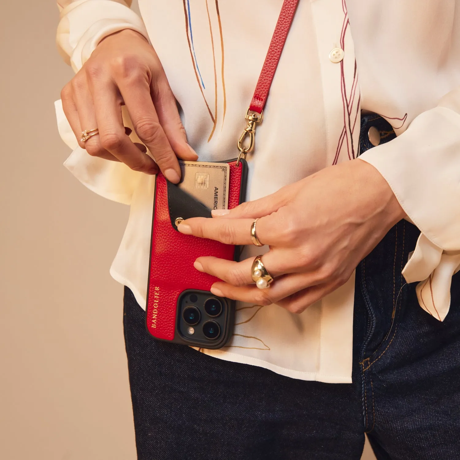 Emma Pebble Leather Crossbody Bandolier - Red/Gold