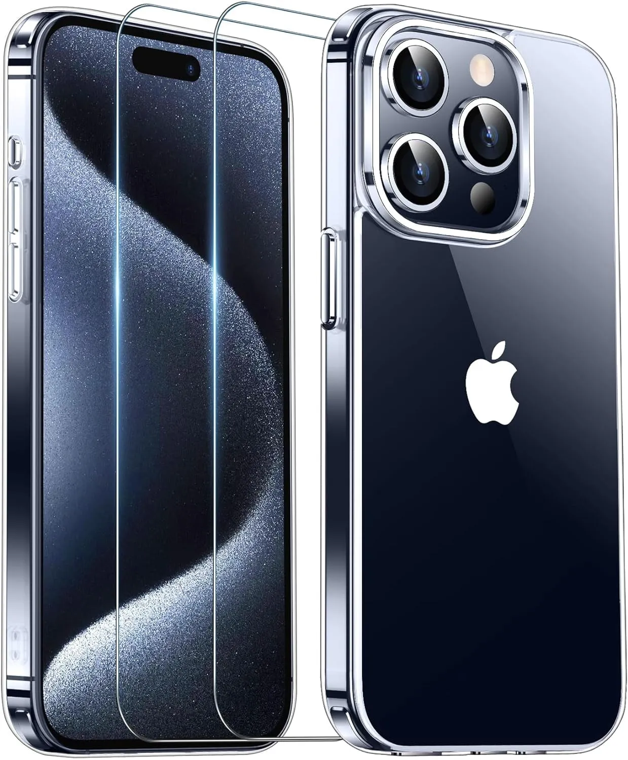 Entronix Case Heavy Duty Clear Case for Apple iPhone 15 Pro Transparent with 2 Tempered Glass Screen Protector, Shockproof Dropproof Slim Case