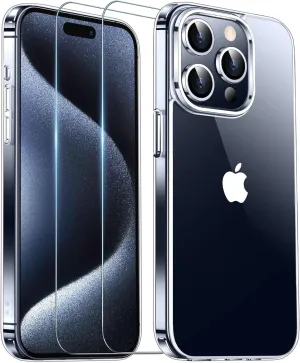 Entronix Case Heavy Duty Clear Case for Apple iPhone 15 Pro Transparent with 2 Tempered Glass Screen Protector, Shockproof Dropproof Slim Case
