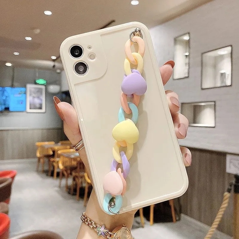 Fashion Rainbow Heart Wrist Chain iPhone Case