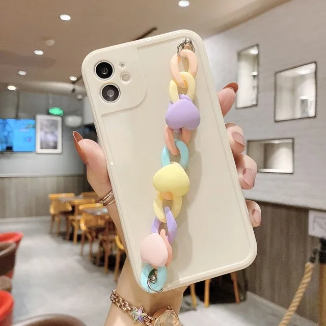 Fashion Rainbow Heart Wrist Chain iPhone Case