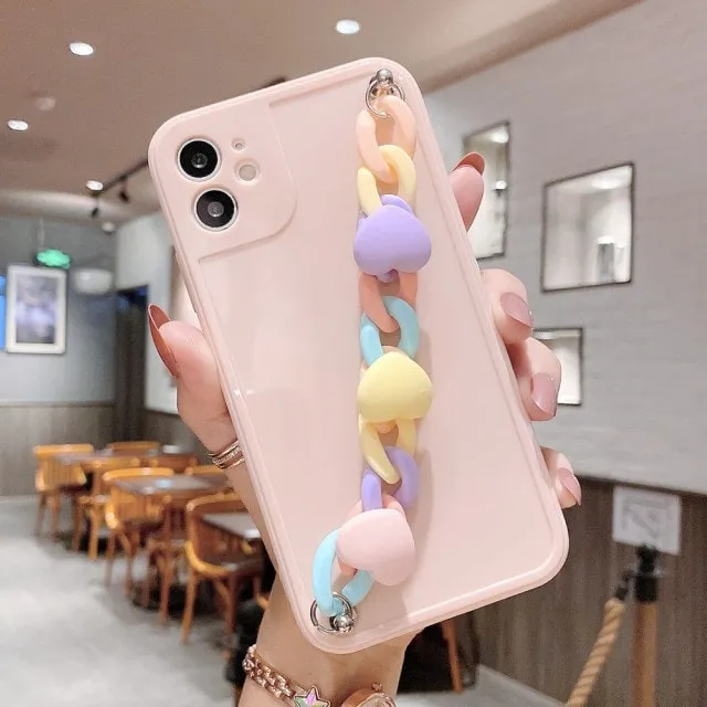 Fashion Rainbow Heart Wrist Chain iPhone Case