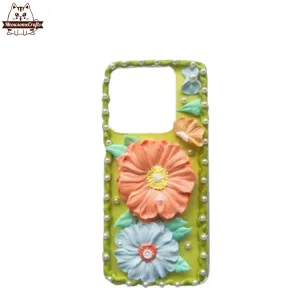 Finished Handmade Decoden Phone Case | Blue & Orange Big Daisy Flowers Charms | Samsung Android iPhone Cases