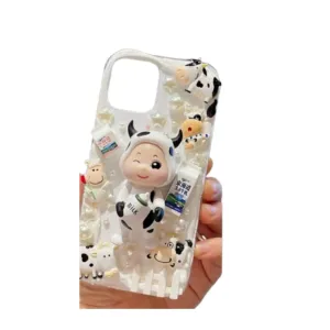 Finished Handmade Decoden Phone Case | Kawaii Cow Costume Baby Cows Milk Cartons Sheep Pearls Charms | Samsung Android iPhone Cases