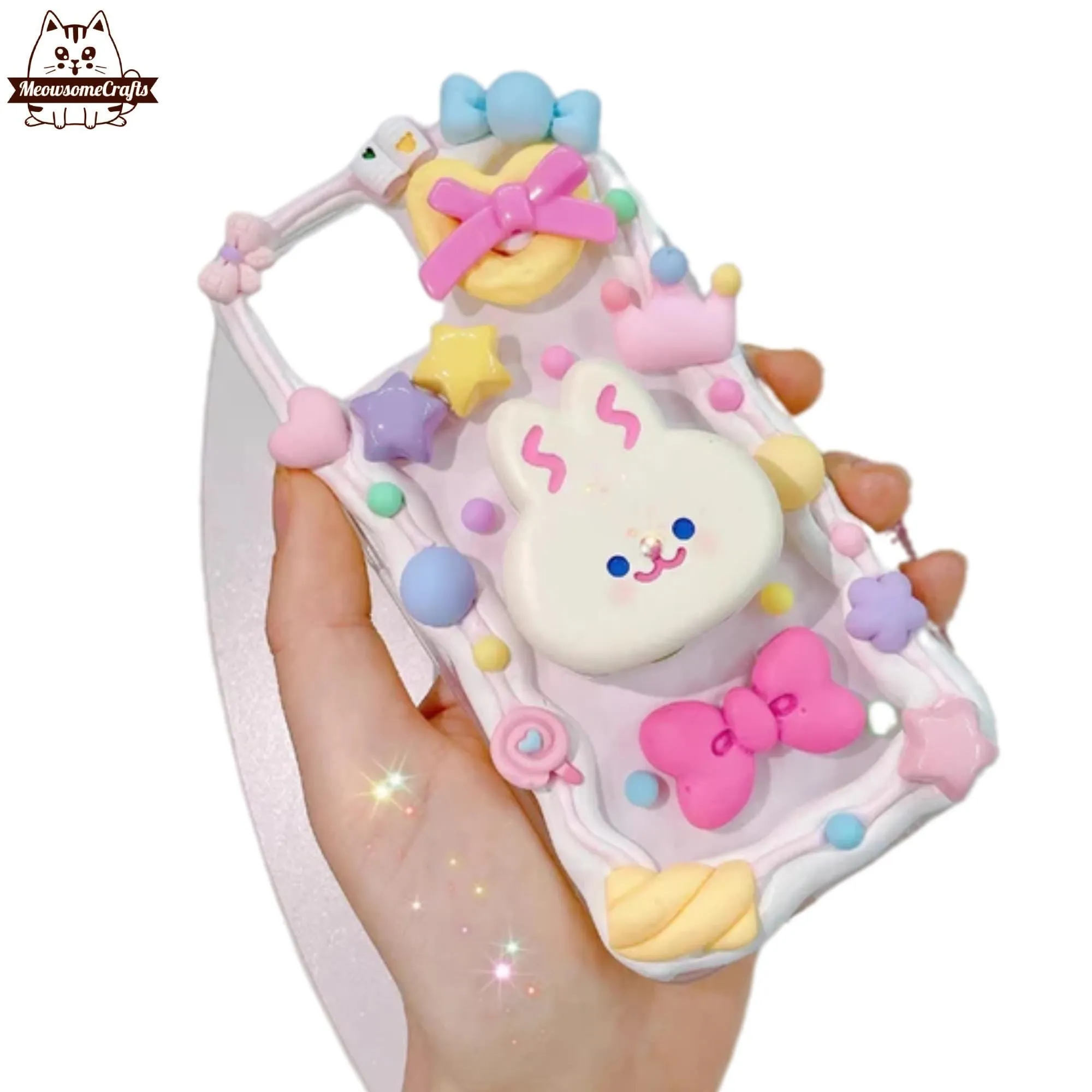 Finished Handmade Decoden Phone Case | Kawaii Rabbit Ice Cream Sandwich Candy Hearts Charms | Samsung Android iPhone Cases