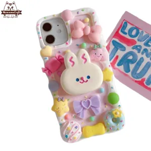 Finished Handmade Decoden Phone Case | Kawaii Rabbit Ice Cream Sandwich Candy Hearts Charms | Samsung Android iPhone Cases
