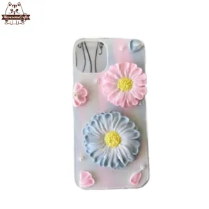 Finished Handmade Decoden Phone Case | Pink & Blue Big Daisy Flowers Charms | Samsung Android iPhone Cases
