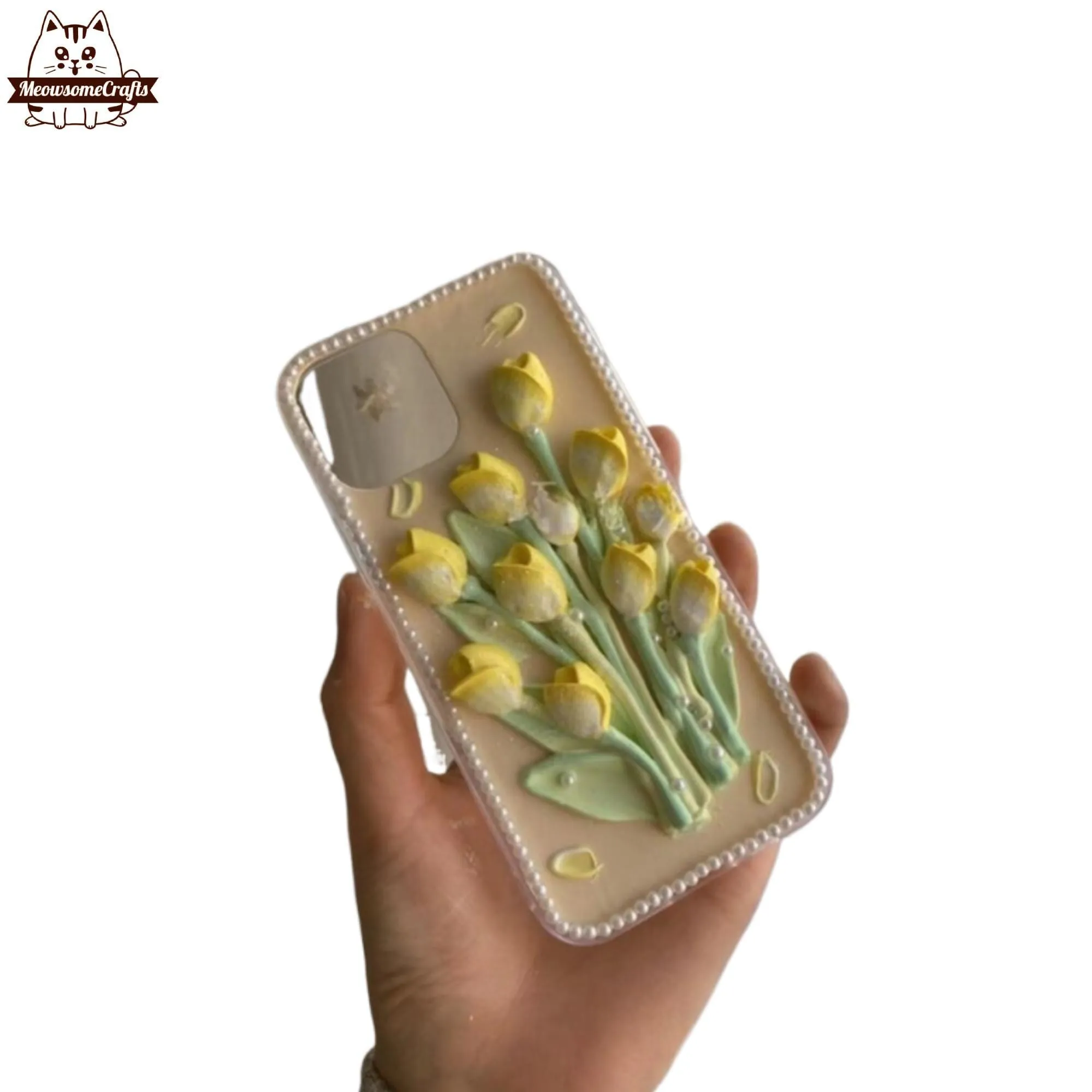 Finished Handmade Decoden Phone Case | Yellow Tulips Flowers Bouquet Bunch Charms | Samsung Android iPhone Cases