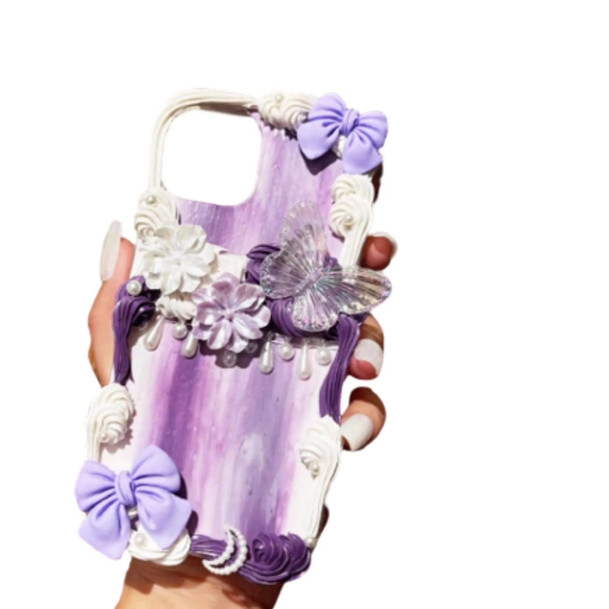 Finished Handmade Decoden Phone Cases | Beautiful Purple Flowers Bows Butterflies Charms | Samsung Android iPhone Cases