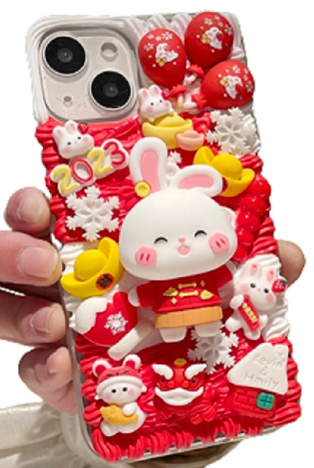 Finished Handmade Decoden Phone Cases | Chinese Lion Dance Hat Rabbit Baby Rabbits Lucky Bag Charms | Samsung Android iPhone Cases