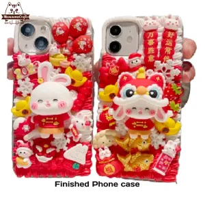 Finished Handmade Decoden Phone Cases | Chinese Lion Dance Hat Rabbit Baby Rabbits Lucky Bag Charms | Samsung Android iPhone Cases