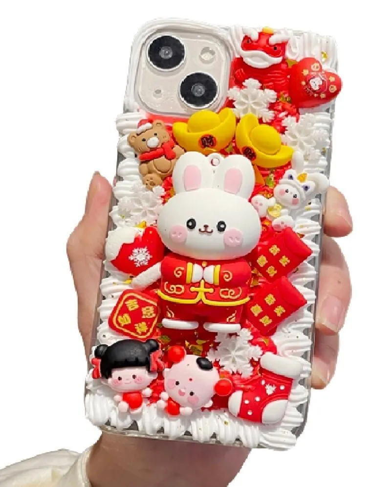 Finished Handmade Decoden Phone Cases | Chinese Rabbit Red Envelope Kids Easter Rabbit Flowers Carrot Balloons Charms | Samsung Android iPhone Cases