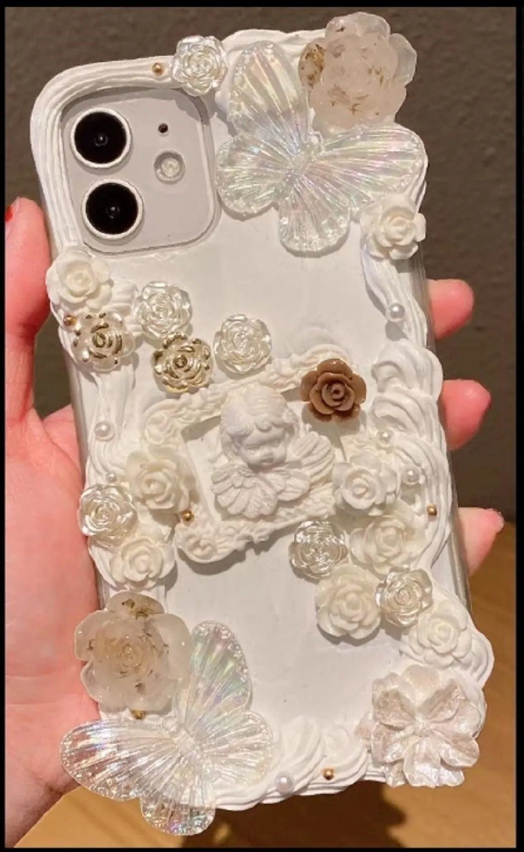 Finished Handmade Decoden Phone Cases | Iridescent Butterflies Mirror Pearls Frames Angels Charms | Samsung Android iPhone Cases