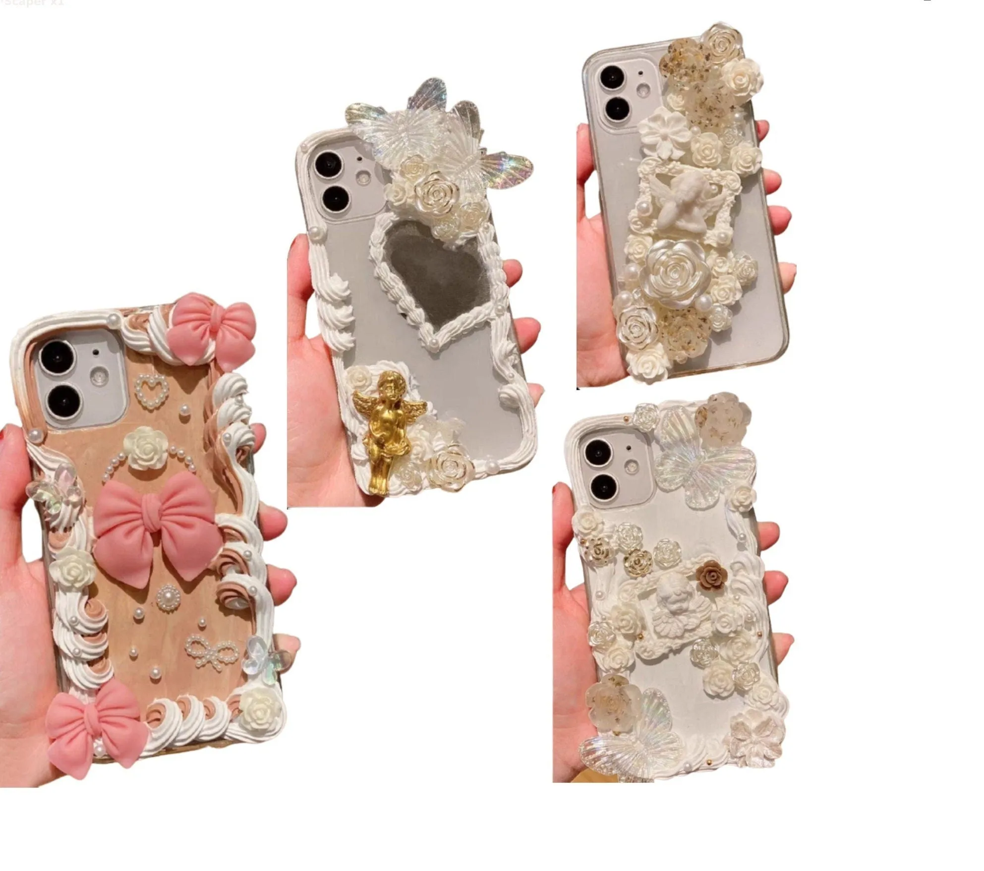 Finished Handmade Decoden Phone Cases | Iridescent Butterflies Mirror Pearls Frames Angels Charms | Samsung Android iPhone Cases