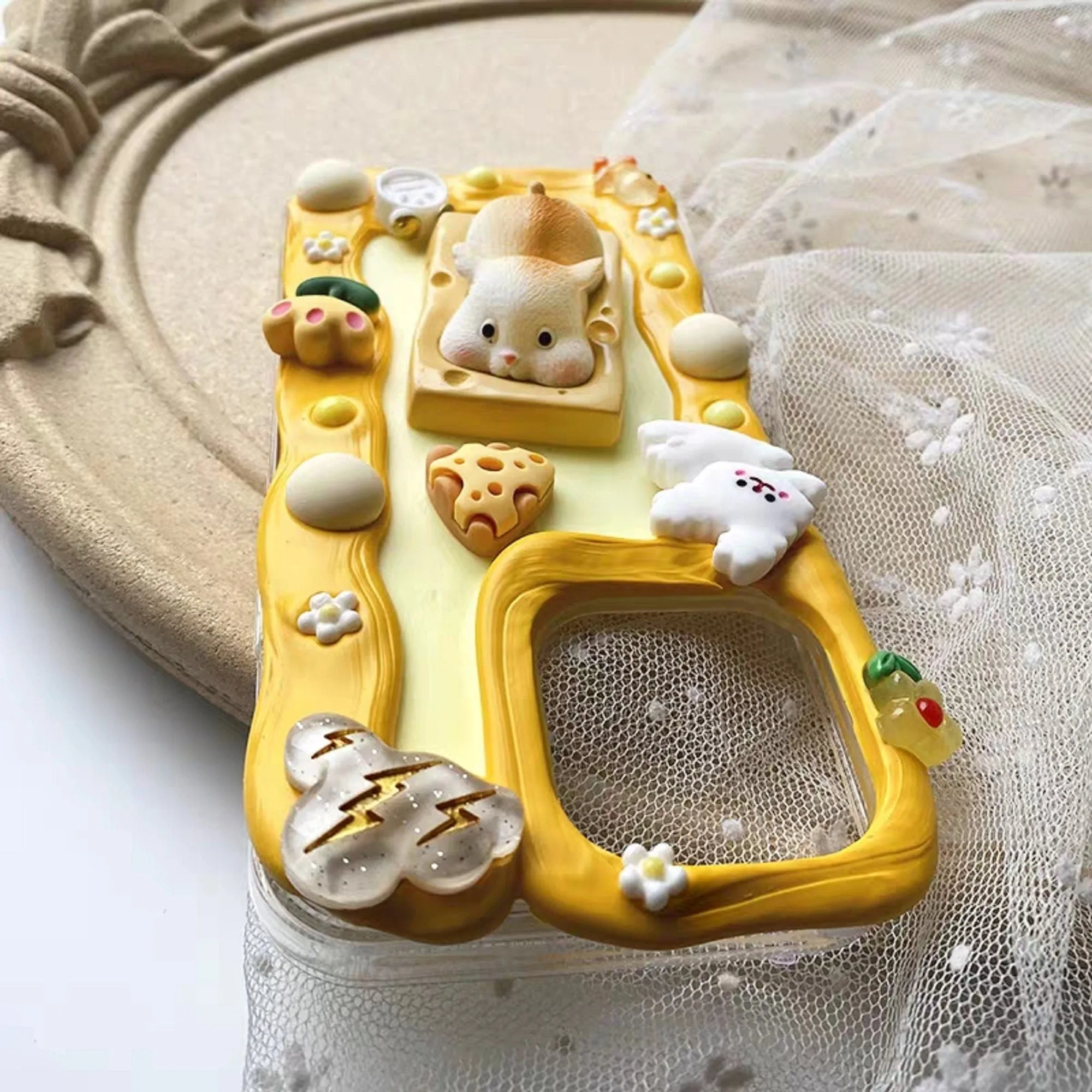 Finished Handmade Decoden Phone Cases | Kawaii Fat Tiger Cat Mouse Cheese Flowers Charms | Samsung Android iPhone Cases