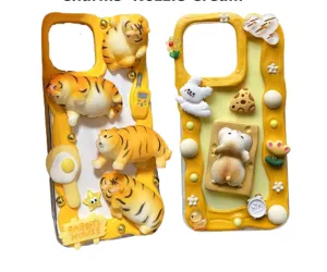 Finished Handmade Decoden Phone Cases | Kawaii Fat Tiger Cat Mouse Cheese Flowers Charms | Samsung Android iPhone Cases