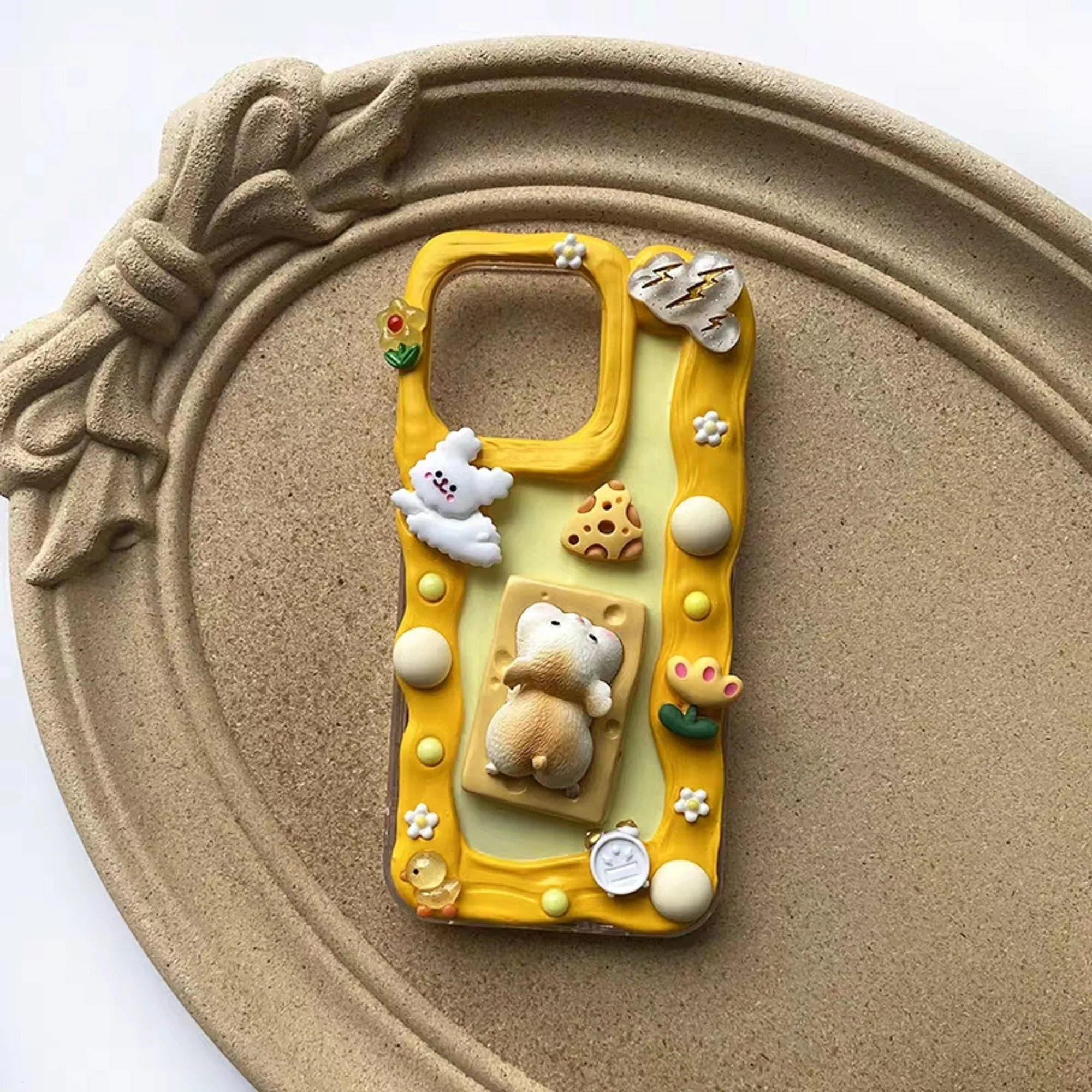 Finished Handmade Decoden Phone Cases | Kawaii Fat Tiger Cat Mouse Cheese Flowers Charms | Samsung Android iPhone Cases