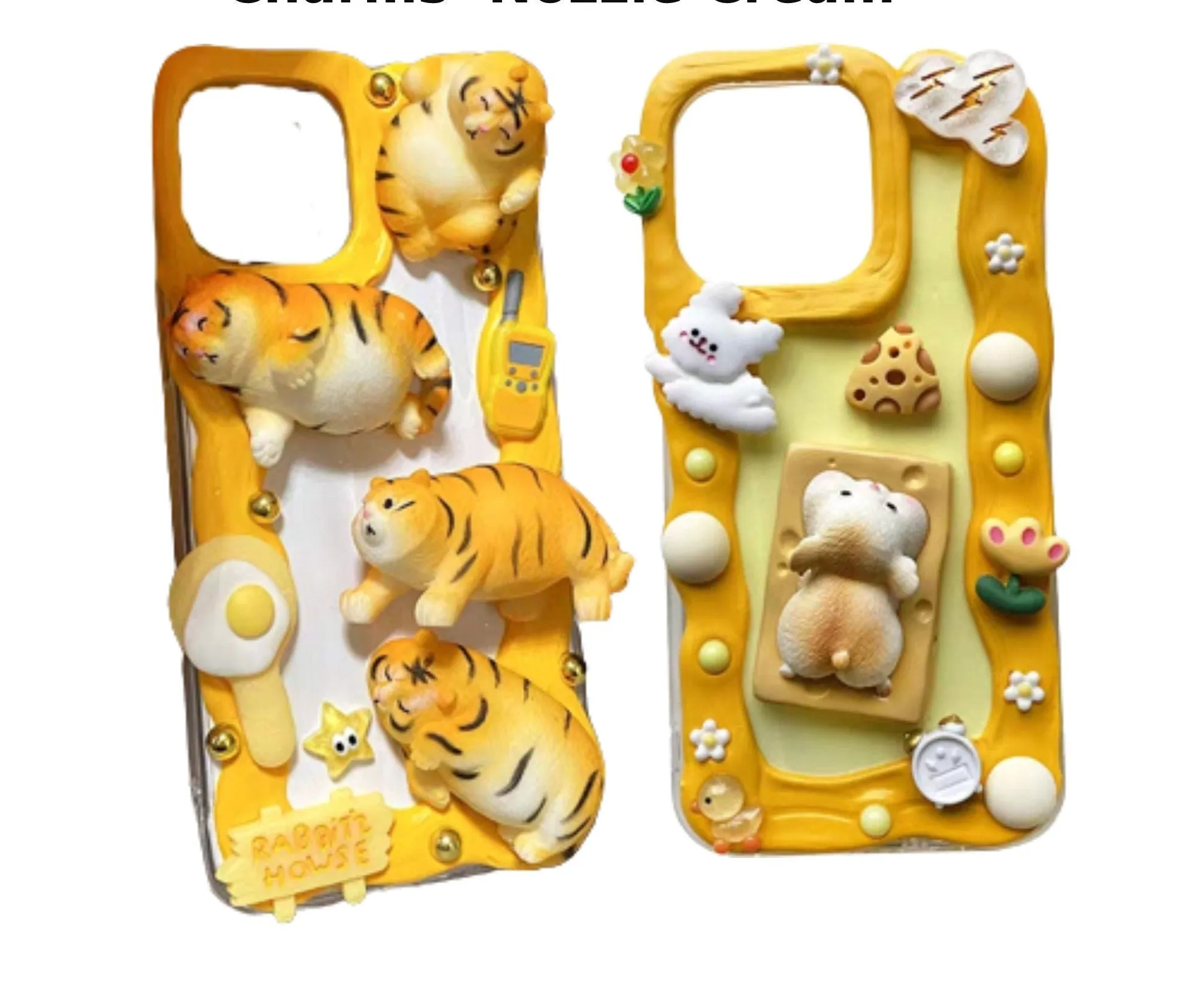 Finished Handmade Decoden Phone Cases | Kawaii Fat Tiger Cat Mouse Cheese Flowers Charms | Samsung Android iPhone Cases