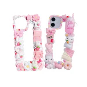 Finished Handmade Decoden Phone Cases | Kawaii Rabbits Strawberries Boba Drink Candy Charms | Samsung Android iPhone Cases