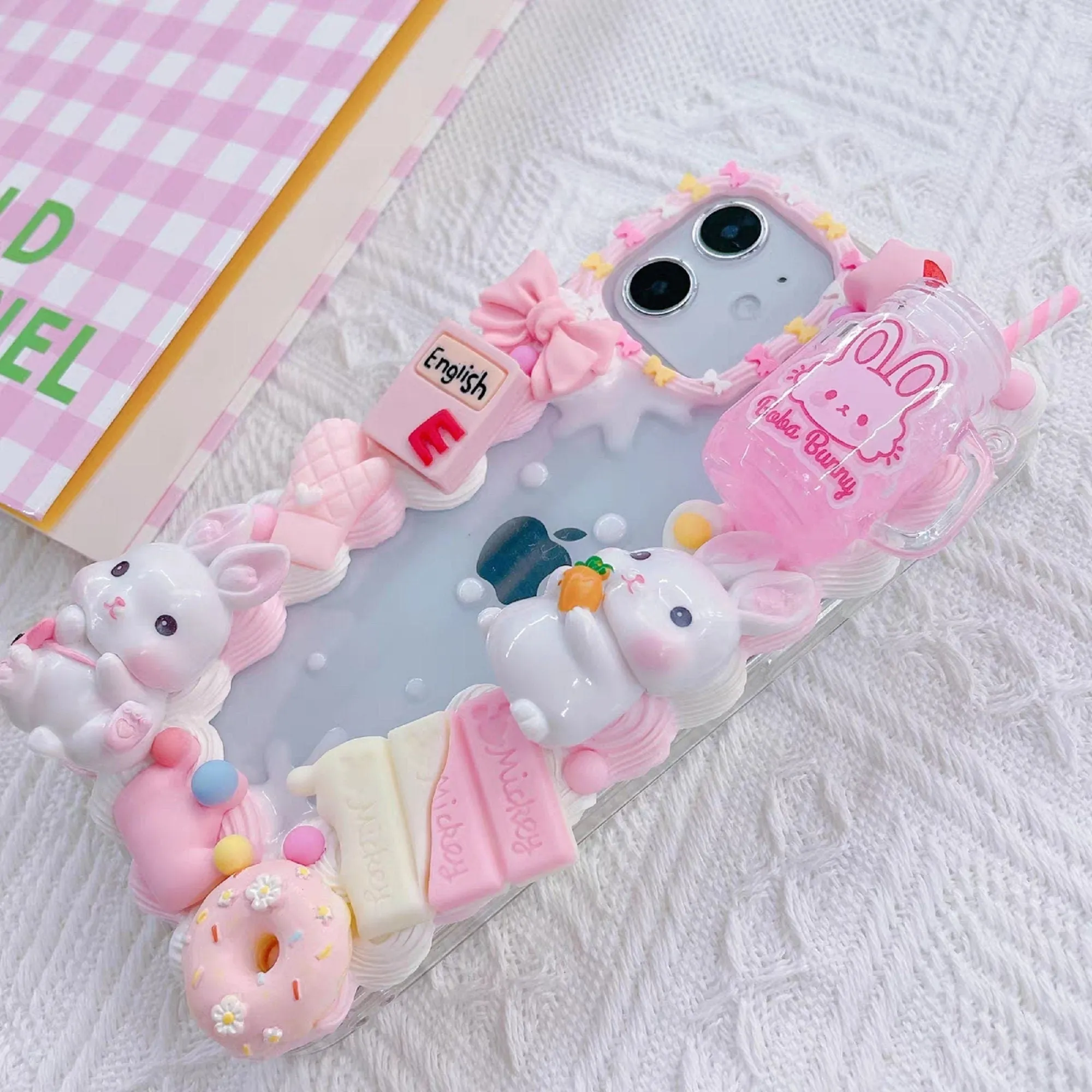 Finished Handmade Decoden Phone Cases | Kawaii Rabbits Strawberries Boba Drink Candy Charms | Samsung Android iPhone Cases