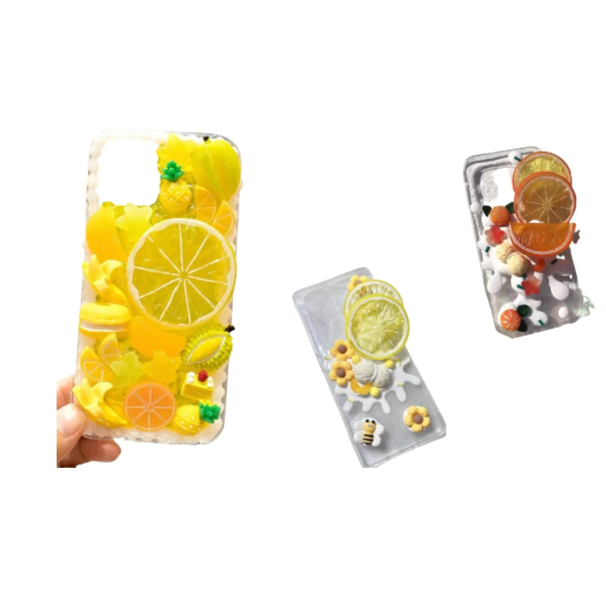 Finished Handmade Decoden Phone Cases | Lemon Orange Slices Pineapple Banana Fruits Charms | Samsung Android iPhone Cases