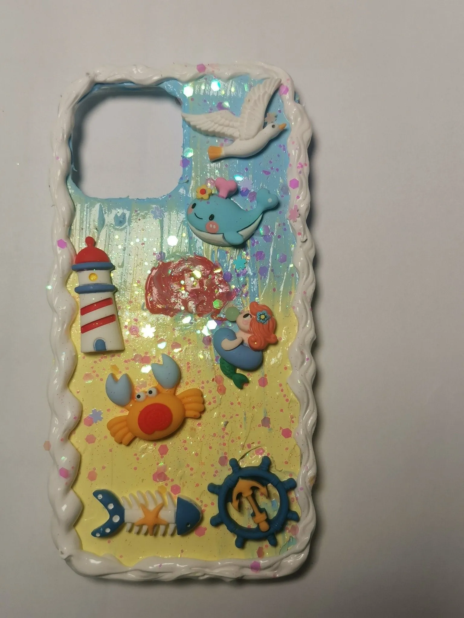 Finished Handmade Decoden Phone Cases | Ocean Life Lighthouse Crab Mermaid Whale Seagull Ship Wheel Anchor Charms | Samsung Android iPhone Cases