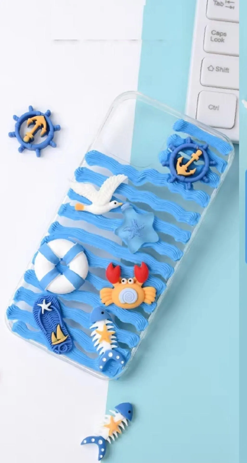 Finished Handmade Decoden Phone Cases | Ocean Sea Dolphin Starfish Crab Fish Clouds Rainbow Boat Charms | Samsung Android iPhone Cases