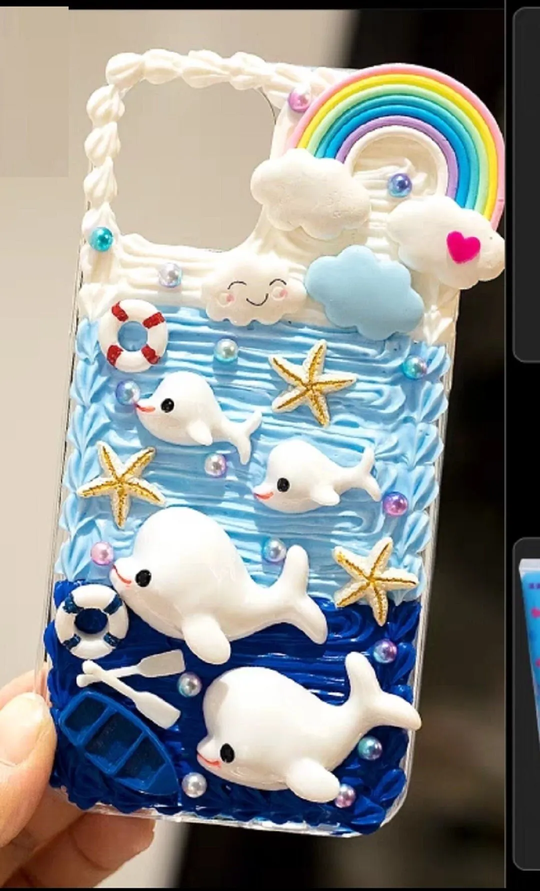 Finished Handmade Decoden Phone Cases | Ocean Sea Dolphin Starfish Crab Fish Clouds Rainbow Boat Charms | Samsung Android iPhone Cases
