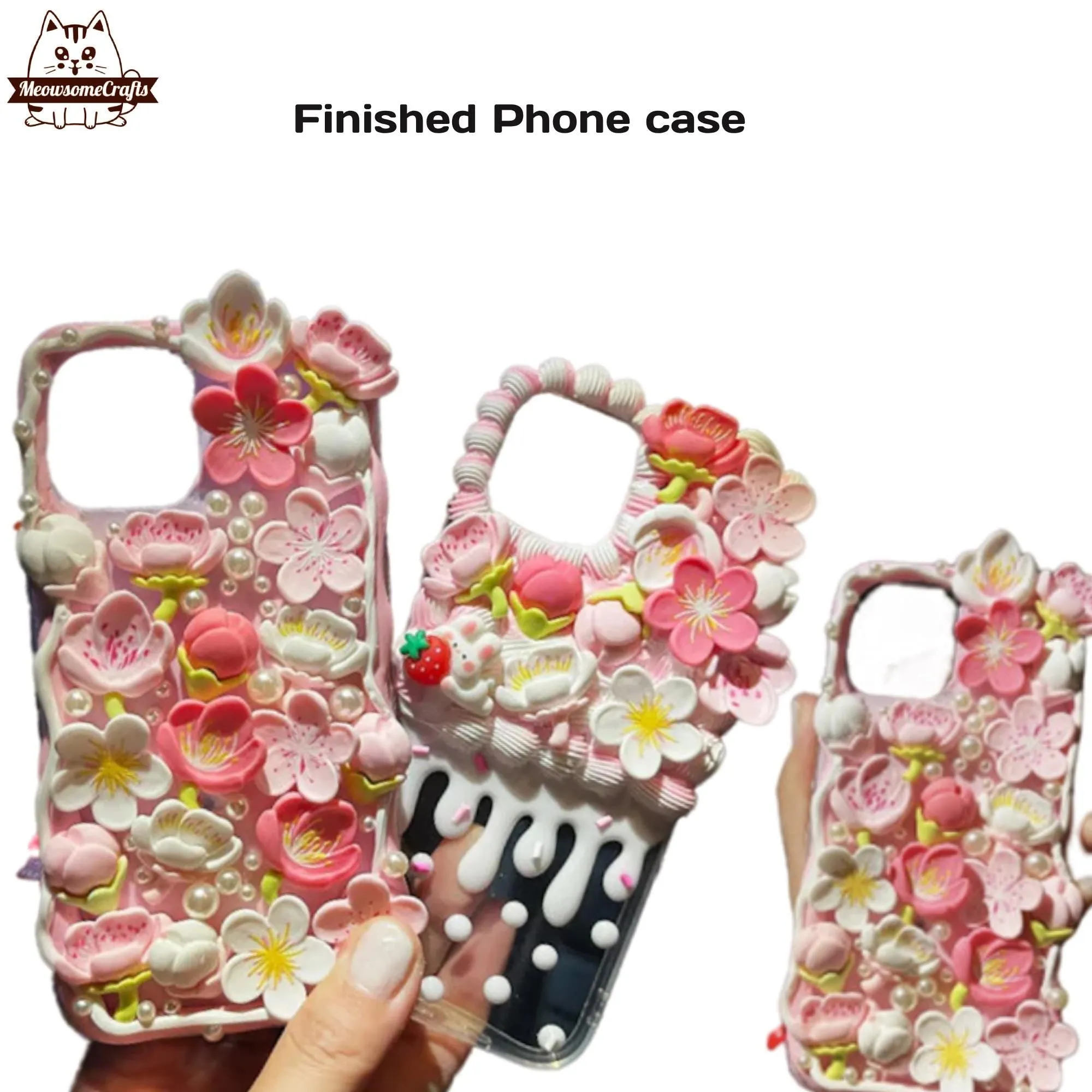 Finished Handmade Decoden Phone Cases | Sakura Flowers Pearls Teardrop Pearls Charms | Samsung Android iPhone Cases