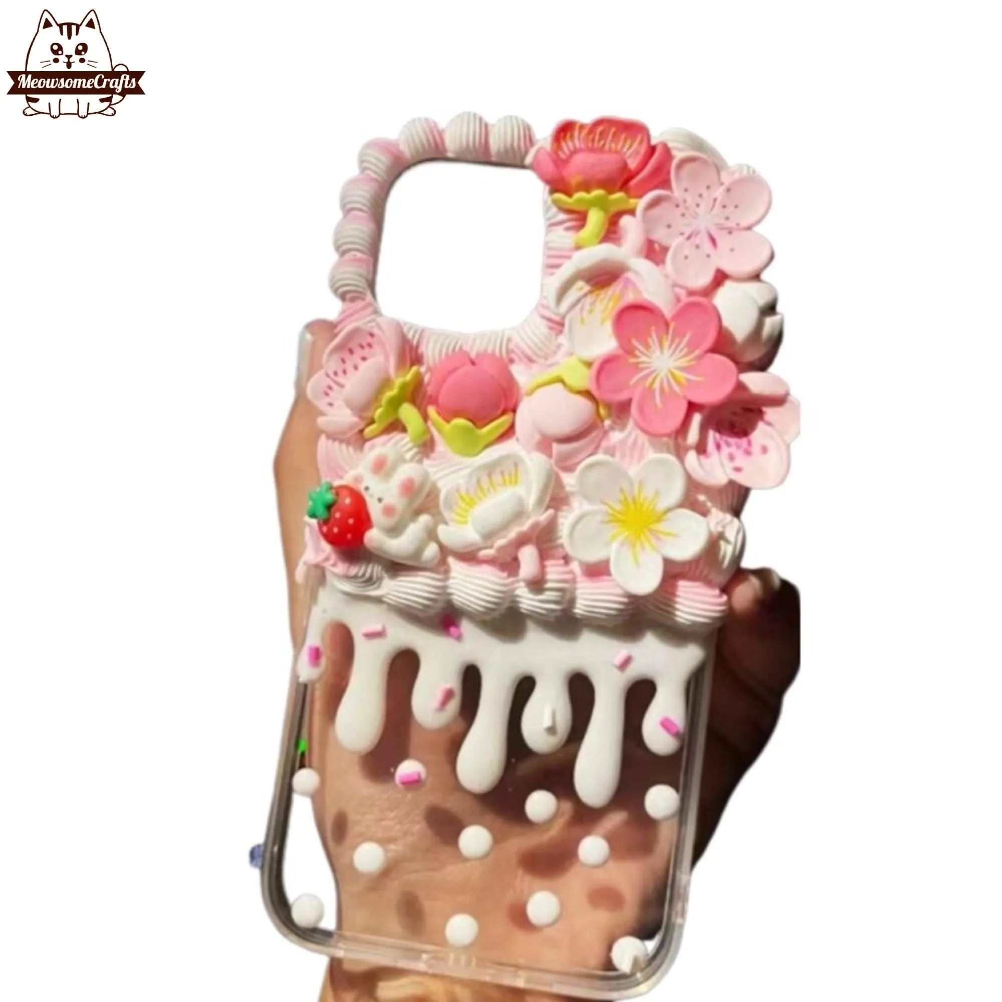Finished Handmade Decoden Phone Cases | Sakura Flowers Pearls Teardrop Pearls Charms | Samsung Android iPhone Cases