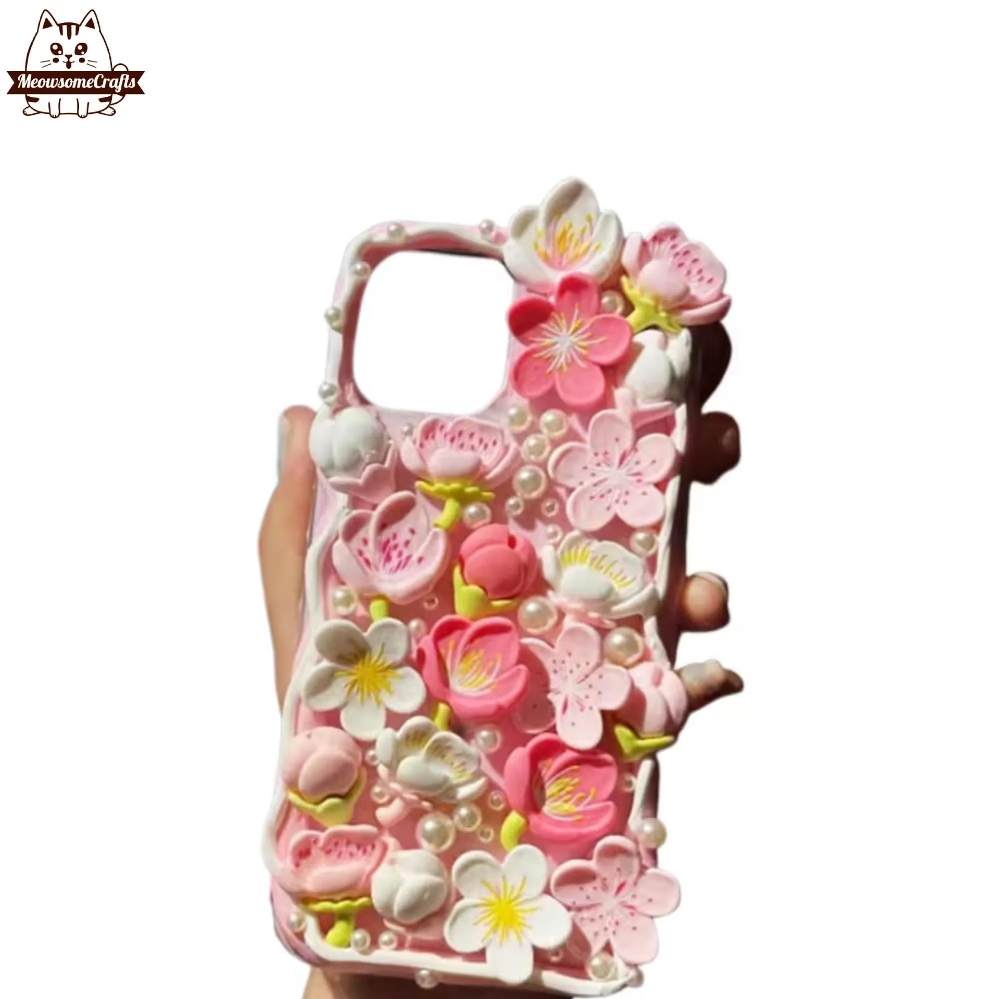 Finished Handmade Decoden Phone Cases | Sakura Flowers Pearls Teardrop Pearls Charms | Samsung Android iPhone Cases