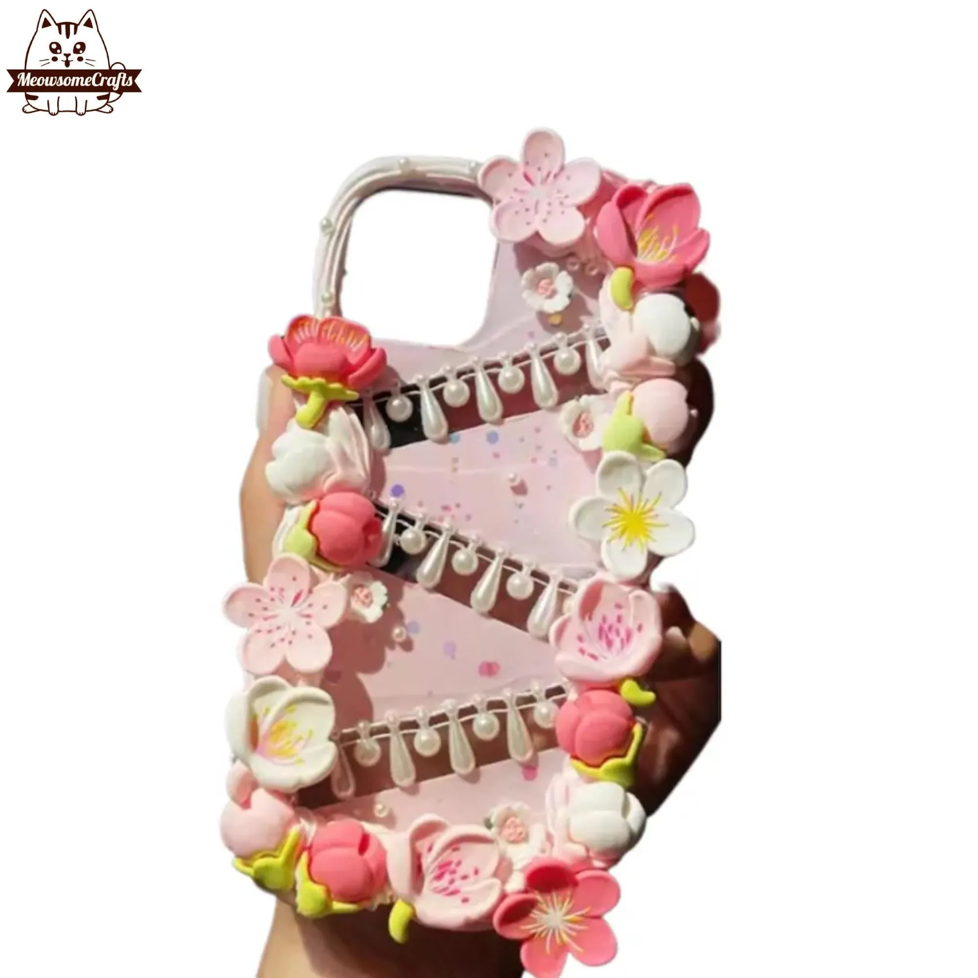 Finished Handmade Decoden Phone Cases | Sakura Flowers Pearls Teardrop Pearls Charms | Samsung Android iPhone Cases