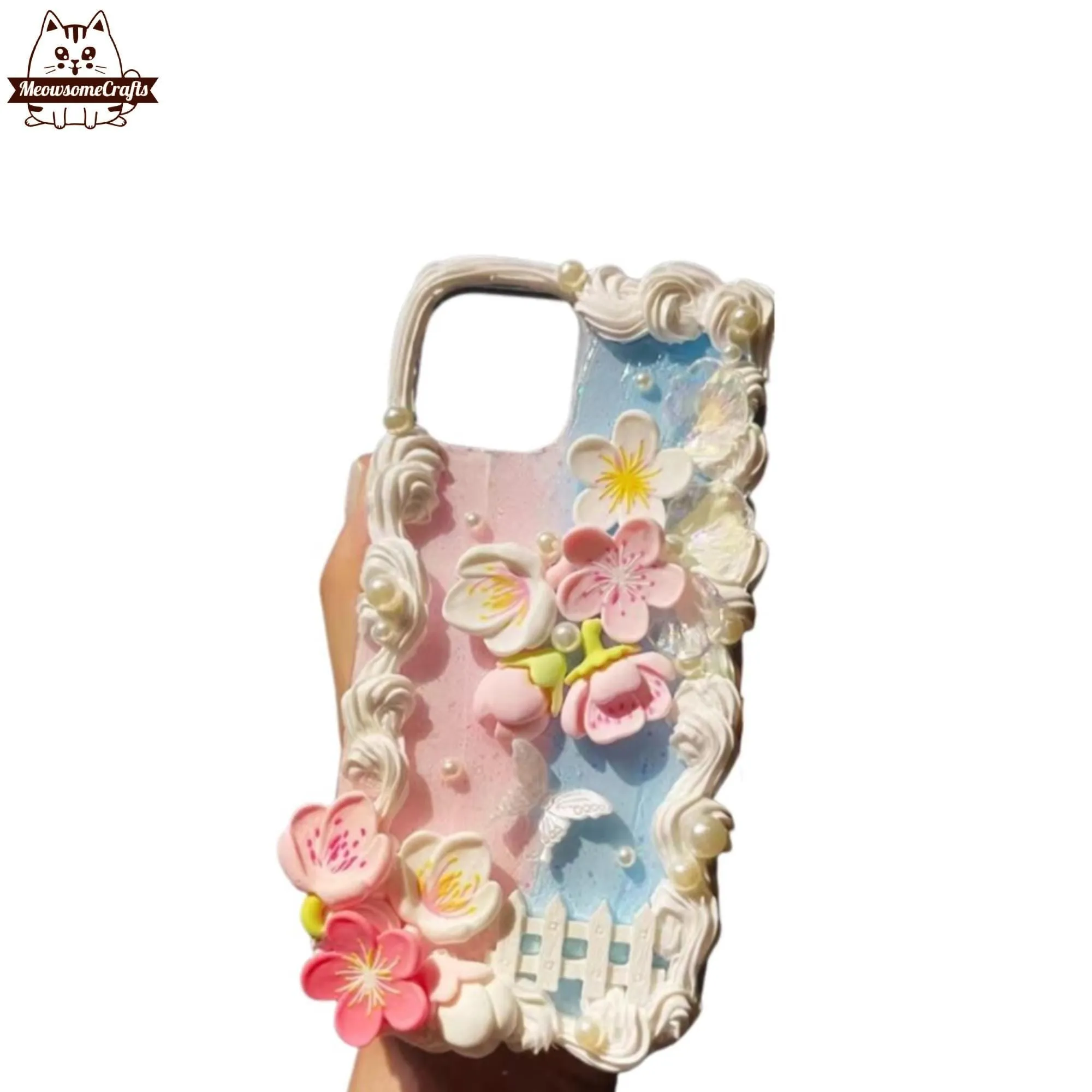 Finished Handmade Decoden Phone Cases | Sakura Flowers Pearls Teardrop Pearls Charms | Samsung Android iPhone Cases