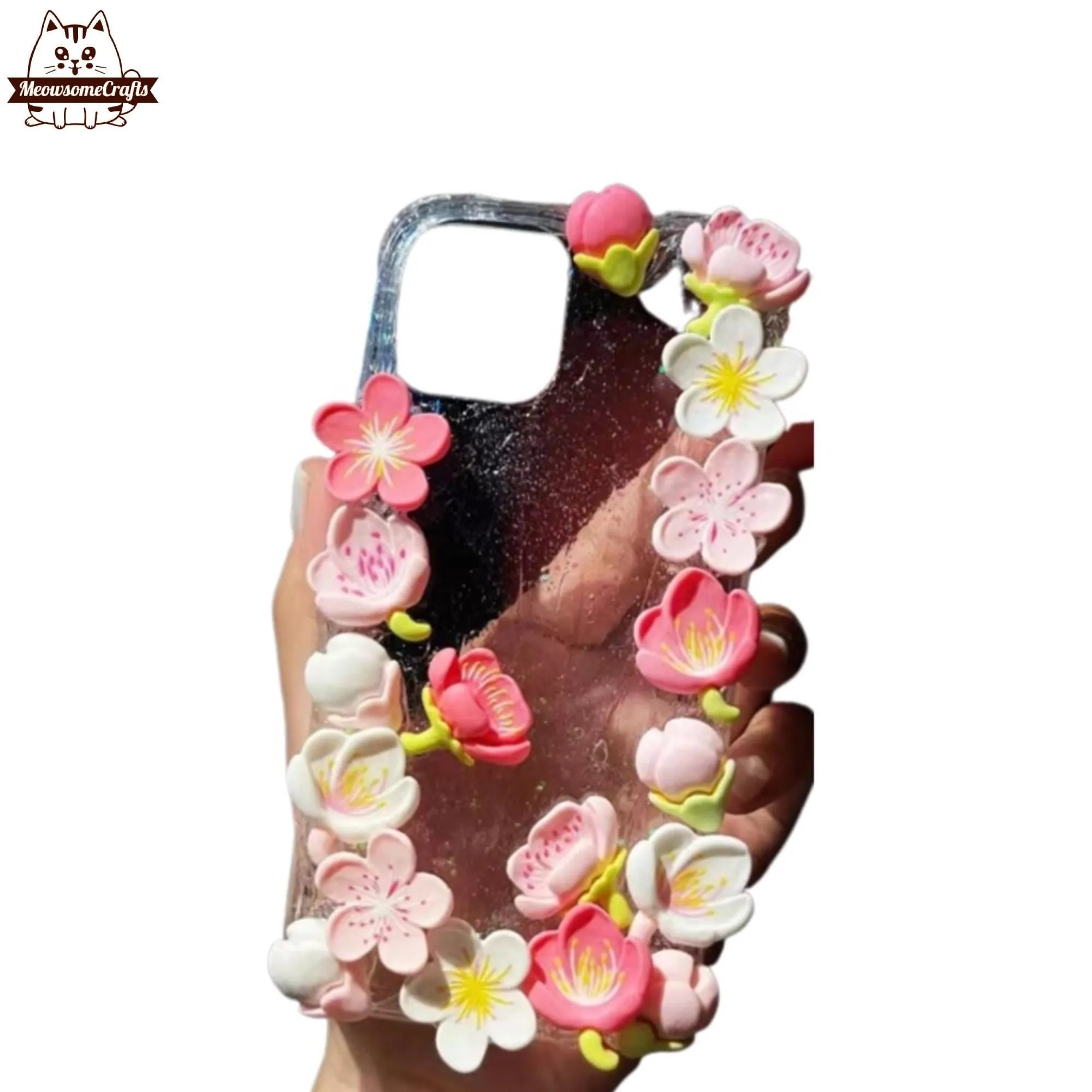 Finished Handmade Decoden Phone Cases | Sakura Flowers Pearls Teardrop Pearls Charms | Samsung Android iPhone Cases