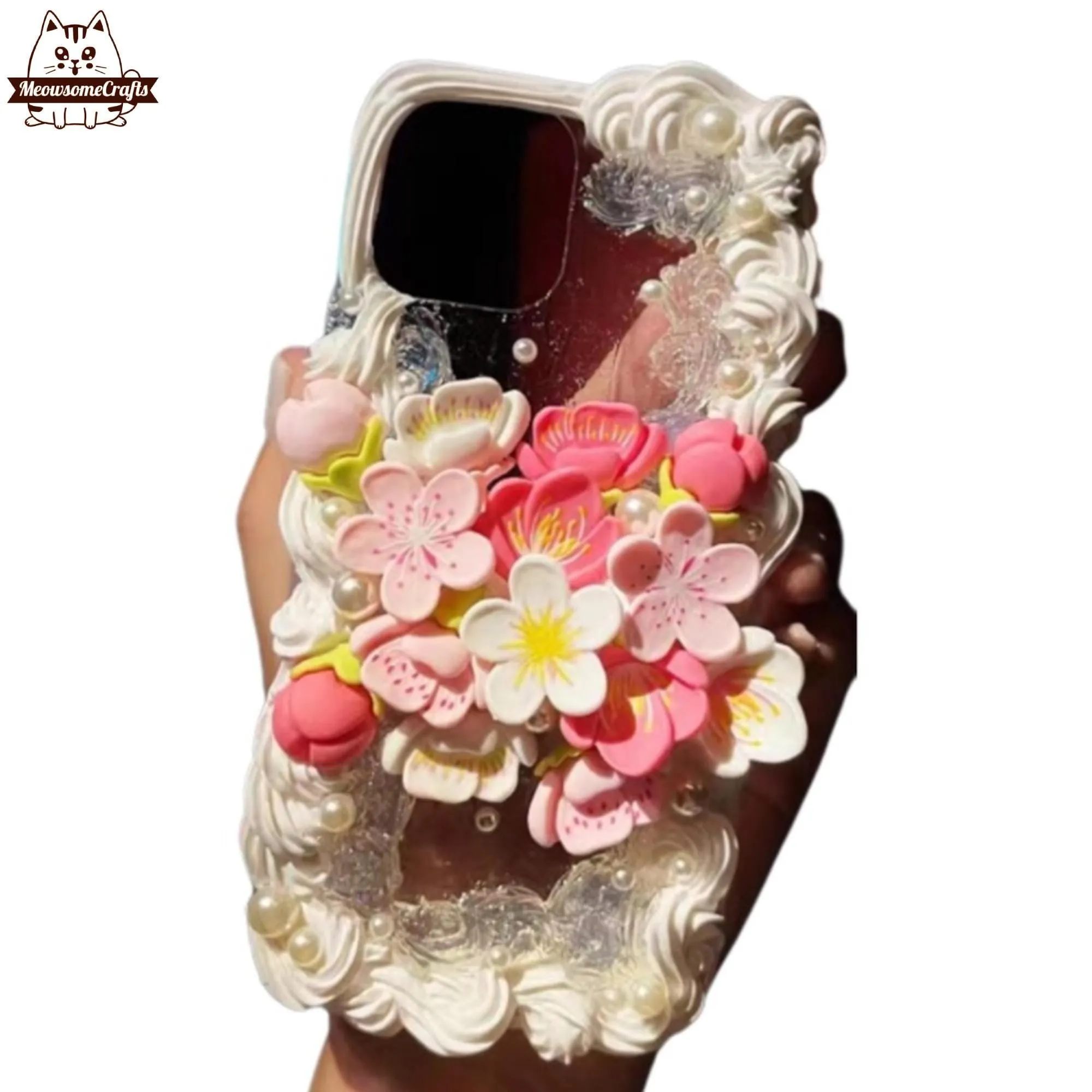 Finished Handmade Decoden Phone Cases | Sakura Flowers Pearls Teardrop Pearls Charms | Samsung Android iPhone Cases