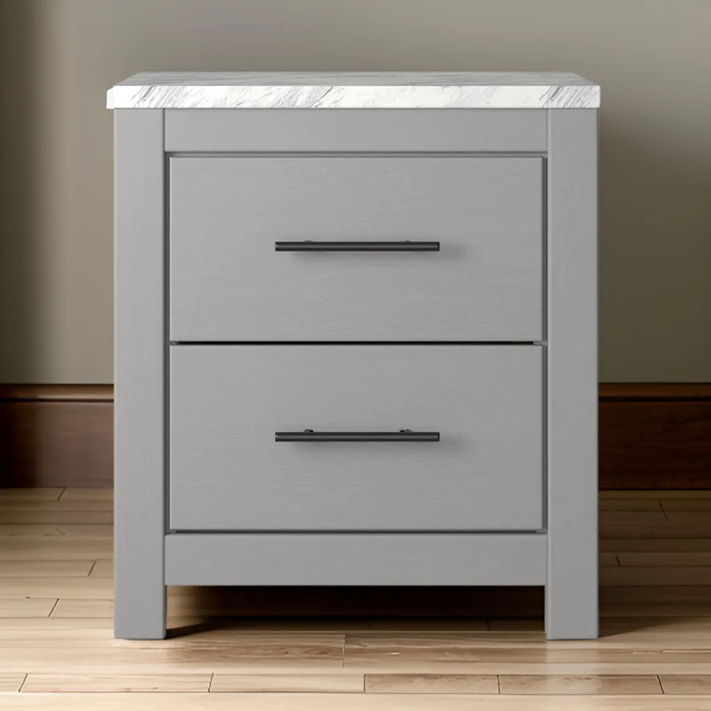 Finley 25 Inch Rustic Wood Nightstand, 2 Drawer, Marble Top, Gray, White By Casagear Home