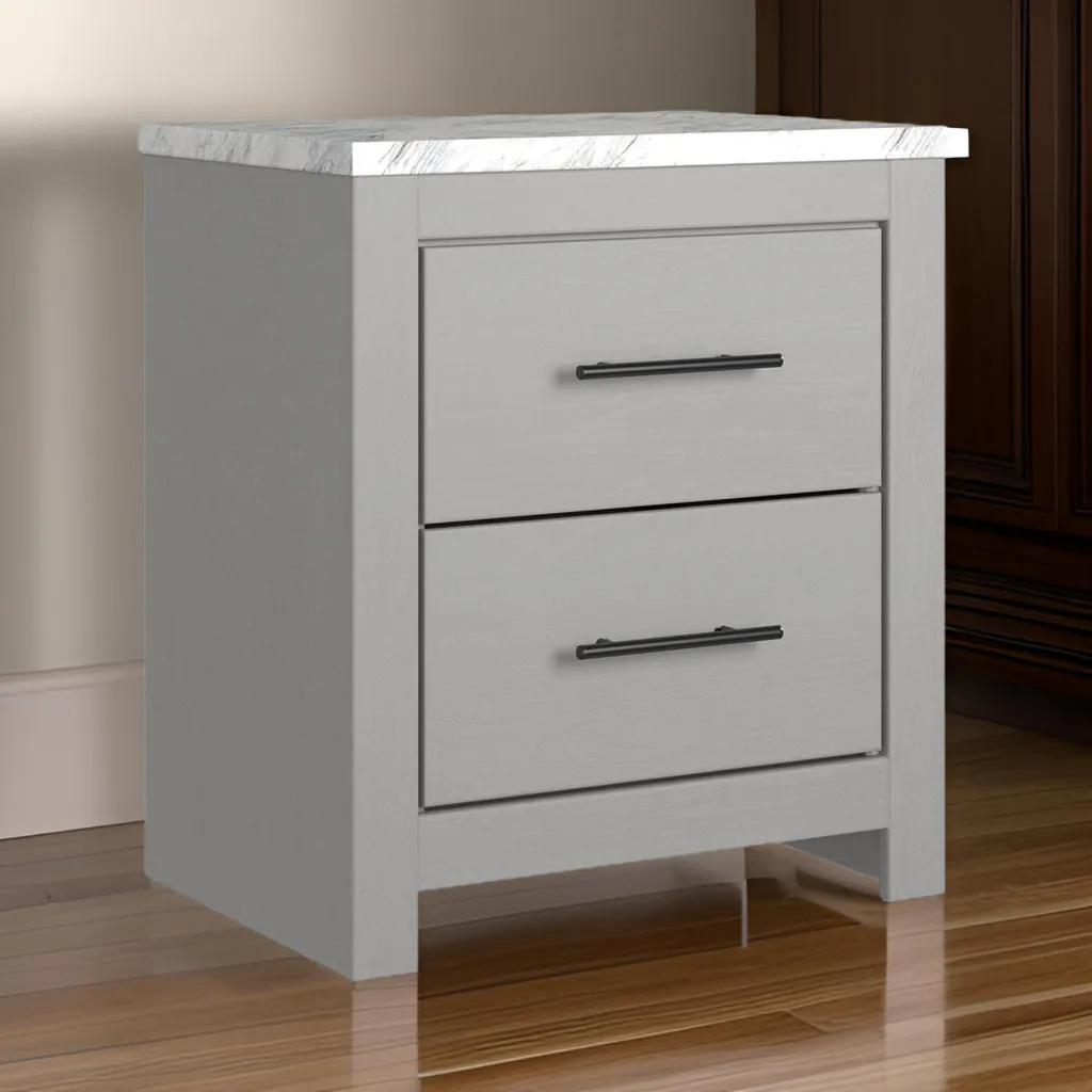 Finley 25 Inch Rustic Wood Nightstand, 2 Drawer, Marble Top, Gray, White By Casagear Home