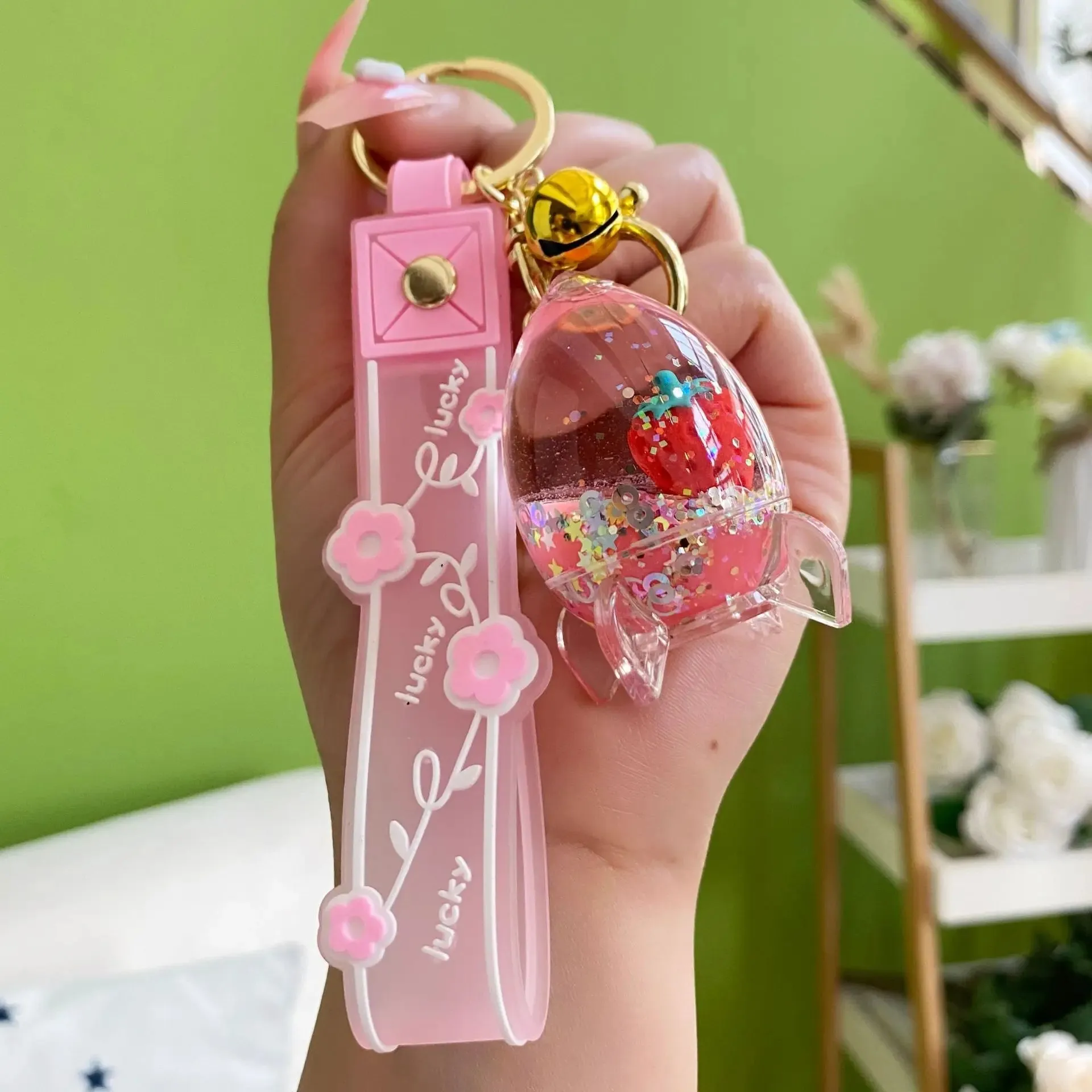 Floating Strawberry Glitter Quicksand Keychain
