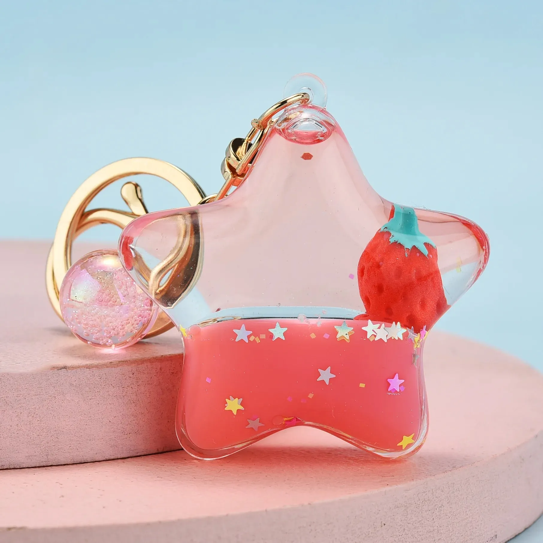 Floating Strawberry Glitter Quicksand Keychain