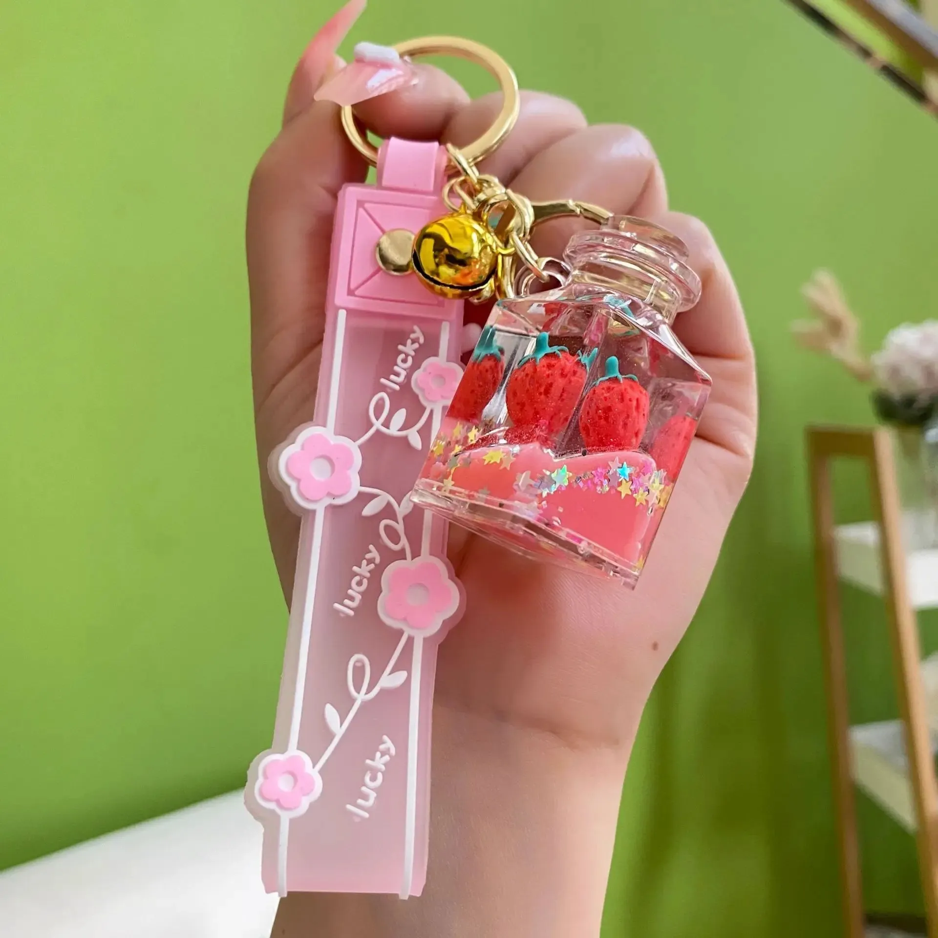 Floating Strawberry Glitter Quicksand Keychain