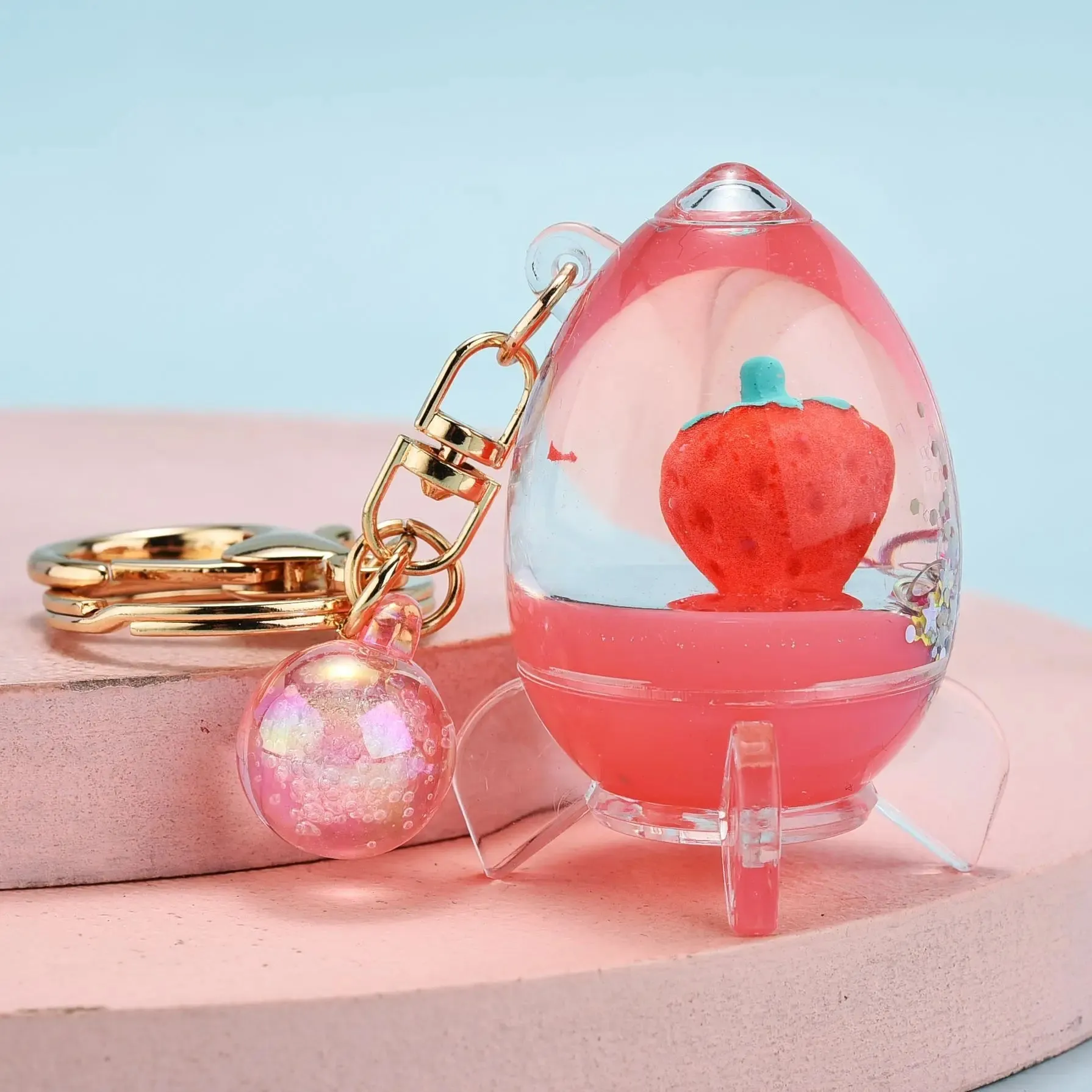 Floating Strawberry Glitter Quicksand Keychain