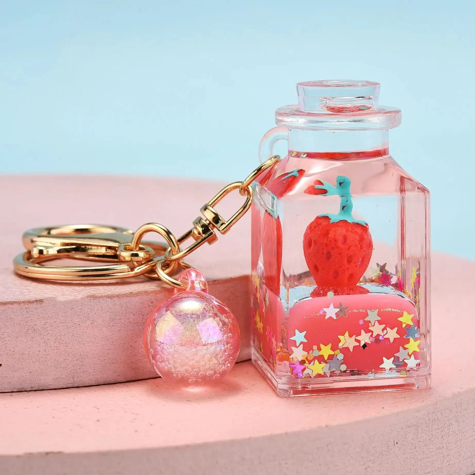 Floating Strawberry Glitter Quicksand Keychain