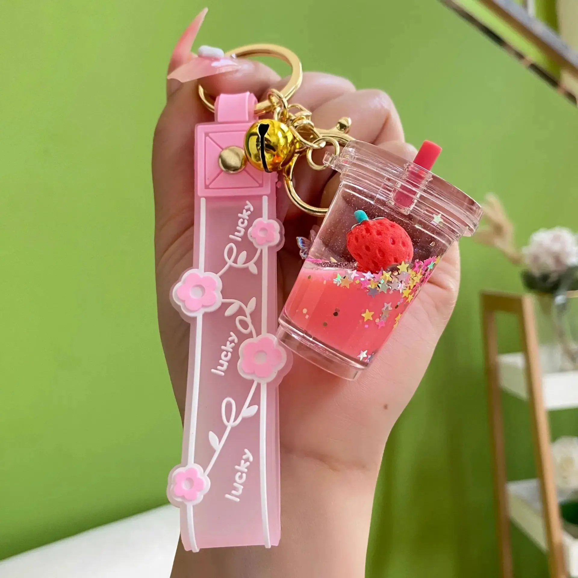 Floating Strawberry Glitter Quicksand Keychain