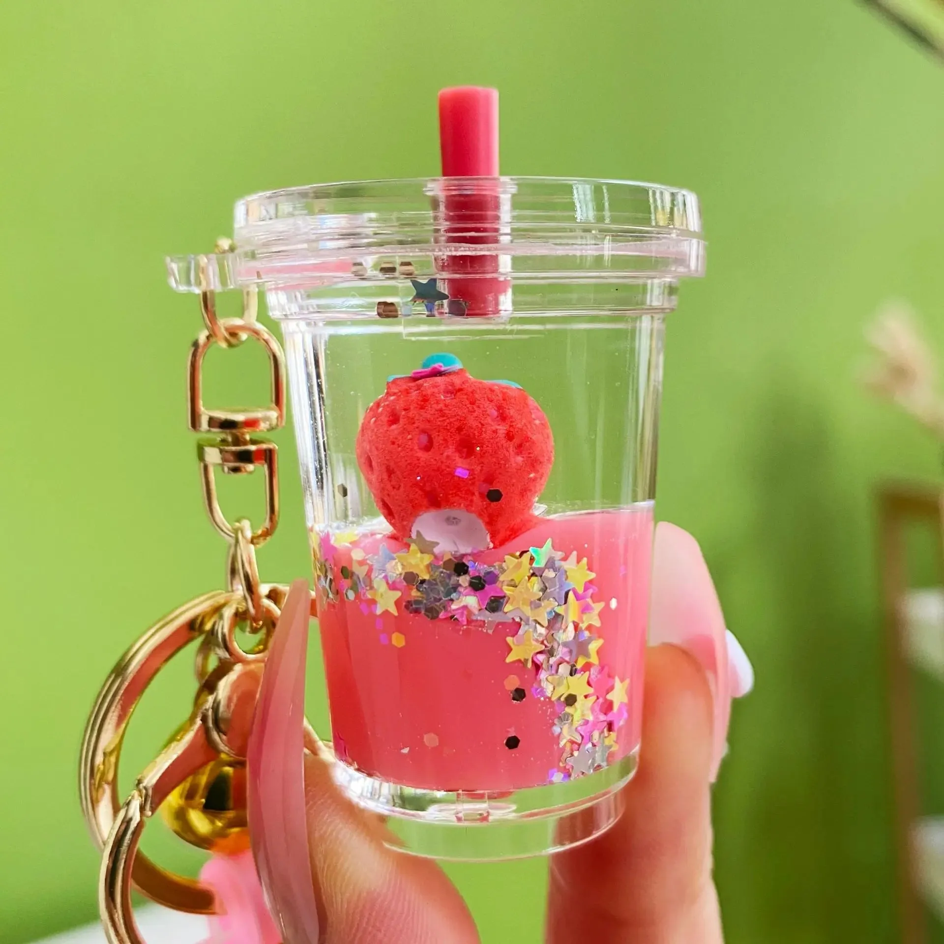 Floating Strawberry Glitter Quicksand Keychain